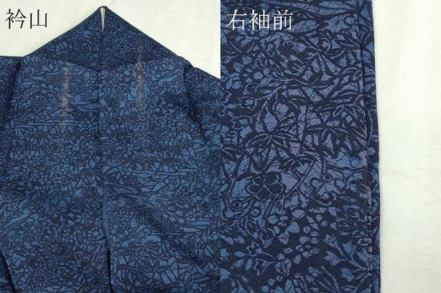 平和屋着物▽上質な小紋 単衣 藍 型染め 草花文 正絹 逸品 DABI4783sf