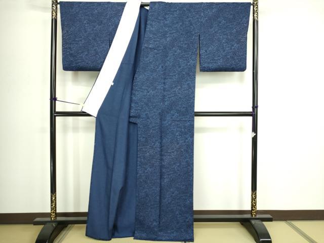 平和屋着物▽上質な小紋 単衣 藍 型染め 草花文 正絹 逸品 DABI4783sf