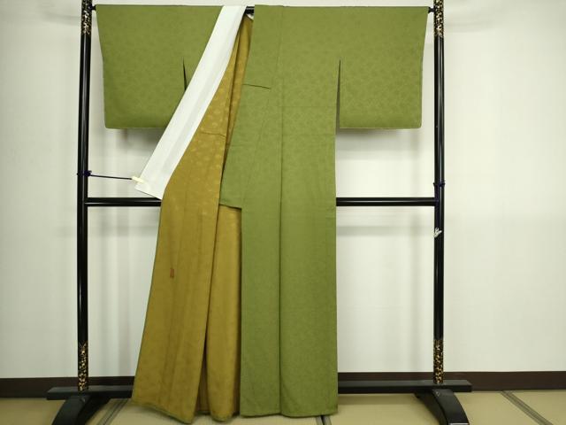 平和屋着物▽ 中村玉緒 色無地 単衣 唐草地紋 草色 正絹 逸品 DABI4799sf