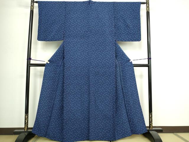 平和屋着物▽上質な小紋 単衣 藍 型染め 枝花文 鬼しぼ縮緬 正絹 逸品 DABI4801sf