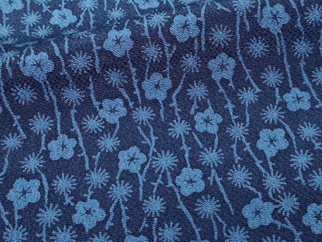 平和屋着物▽上質な小紋 単衣 藍 型染め 枝花文 鬼しぼ縮緬 正絹 逸品 DABI4801sf