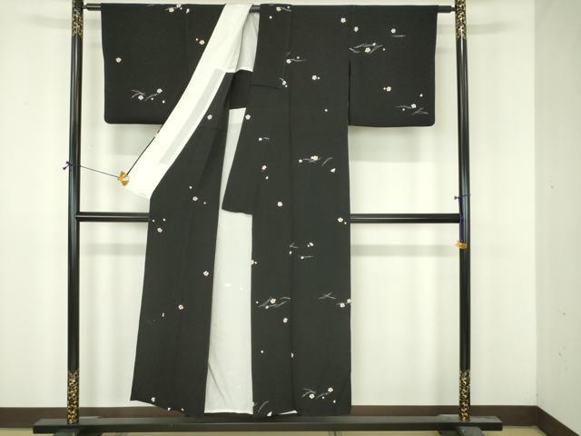 平和屋着物▽上質な小紋 単衣 枝梅文 黒地 鬼しぼ縮緬 正絹 逸品 DABI4816sf