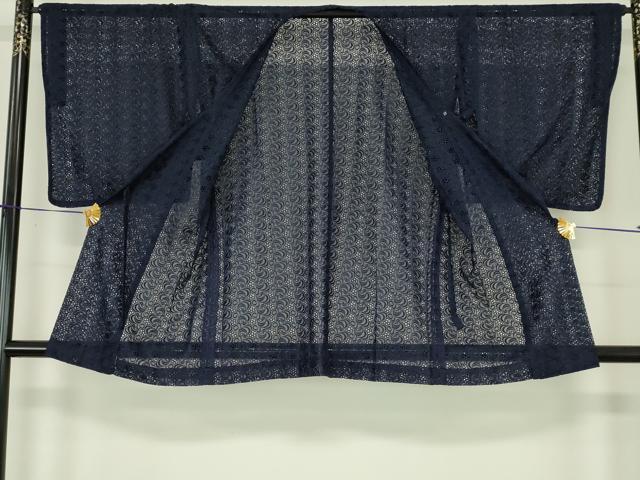 平和屋着物▽道行コート スリーシーズン 春夏秋 塵除け 総レース 葡萄唐草文 濃藍色 交織 逸品 DABI4837sf