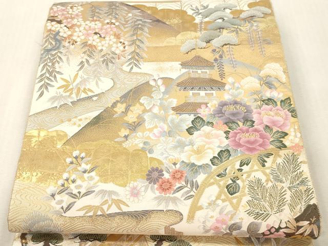平和屋本店▼福絖織物謹製 本場筑前博多織 六通柄袋帯 しょうはく 王朝絵巻 本金箔 正絹 逸品 DABI4846sf