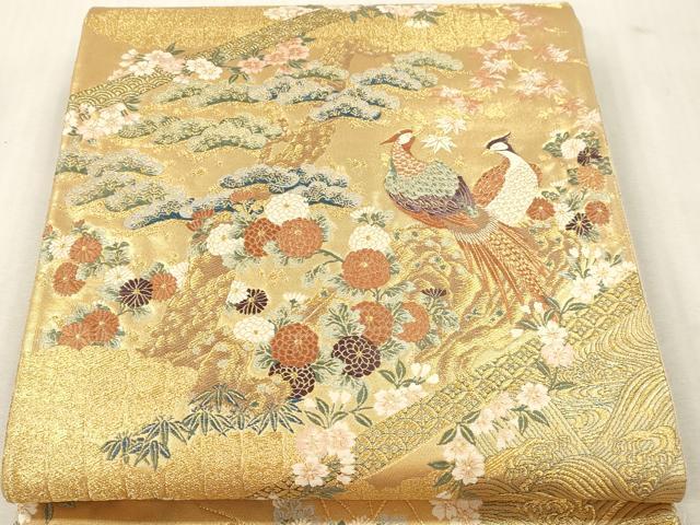平和屋本店▼六通柄袋帯 桃山草花鳥 本金箔 正絹 逸品 DABI4867sf