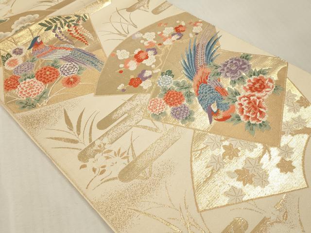 平和屋本店▼六通柄袋帯 唐織 色紙孔雀花文 本金箔 正絹 逸品 DABI4881sf
