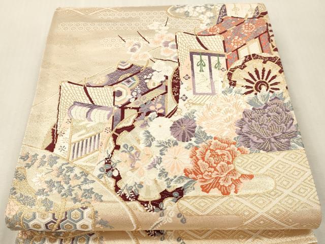 平和屋本店▼六通柄袋帯 御所車花文 弐拾四金二重織 正絹 逸品 DABI4887sf