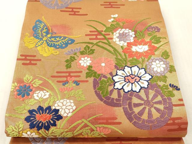 平和屋本店▼六通柄袋帯 唐織 本草木染 花車文 本金箔 正絹 逸品 DABI4889sf