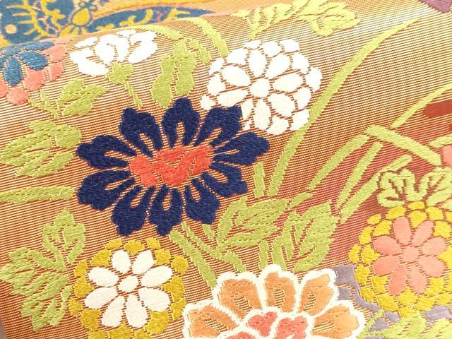 平和屋本店▼六通柄袋帯 唐織 本草木染 花車文 本金箔 正絹 逸品 DABI4889sf