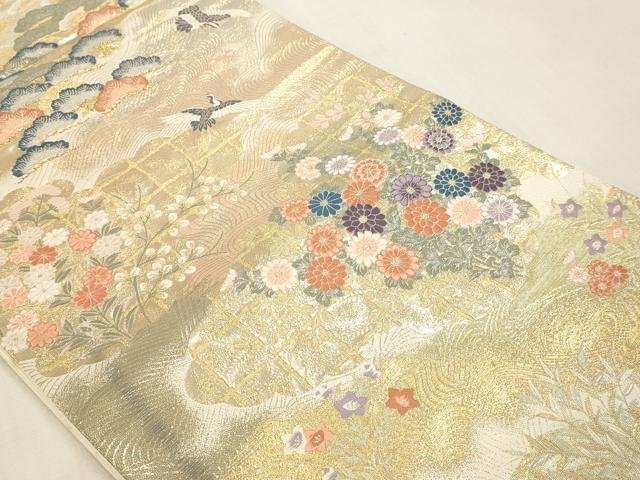 平和屋本店▼六通柄袋帯 松鶴流水文 純金箔二重織 正絹 逸品 DABI4892sf