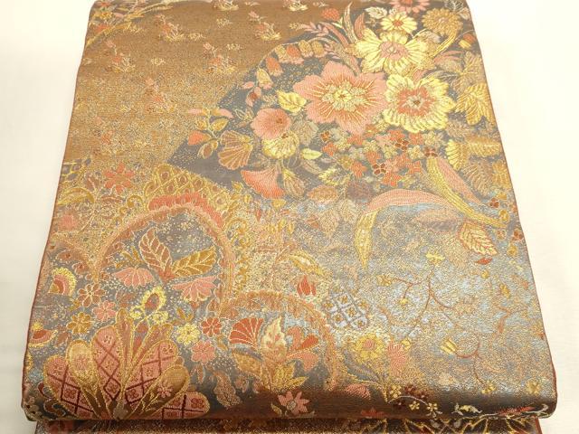 平和屋本店▼六通柄袋帯 貴賓はく 草花文 本金箔二重 正絹 逸品 DABI4922sf