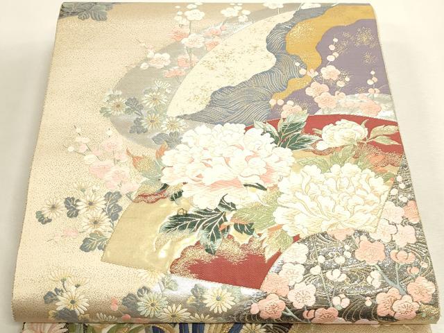 平和屋本店▼六通柄袋帯 唐織 九百錦 加賀紅彩扇文 24k純金箔錦 正絹 逸品 DABI4928sf