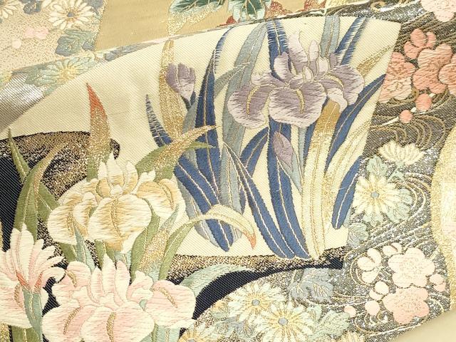 平和屋本店▼六通柄袋帯 唐織 九百錦 加賀紅彩扇文 24k純金箔錦 正絹 逸品 DABI4928sf