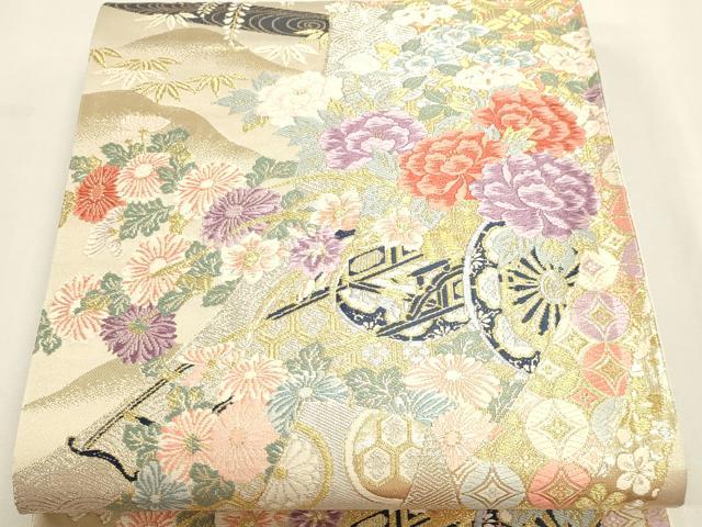 平和屋本店▼六通柄袋帯 唐織 珀綾錦 花車文 本金二重箔 正絹 逸品 DABI4957sf
