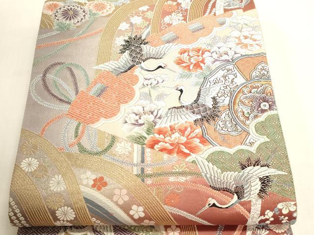 平和屋本店▼六通柄袋帯 唐織 九百錦 桧扇舞鶴文 24k本金箔 正絹 逸品 DABI4981sf