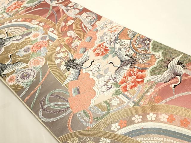 平和屋本店▼六通柄袋帯 唐織 九百錦 桧扇舞鶴文 24k本金箔 正絹 逸品 DABI4981sf