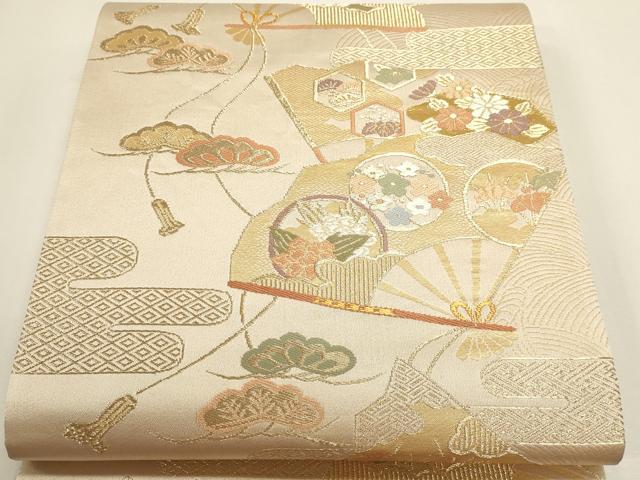 平和屋本店▼六通柄袋帯 扇面草花文 本金箔二重織 正絹 逸品 DABI4985sf