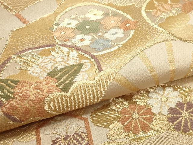 平和屋本店▼六通柄袋帯 扇面草花文 本金箔二重織 正絹 逸品 DABI4985sf