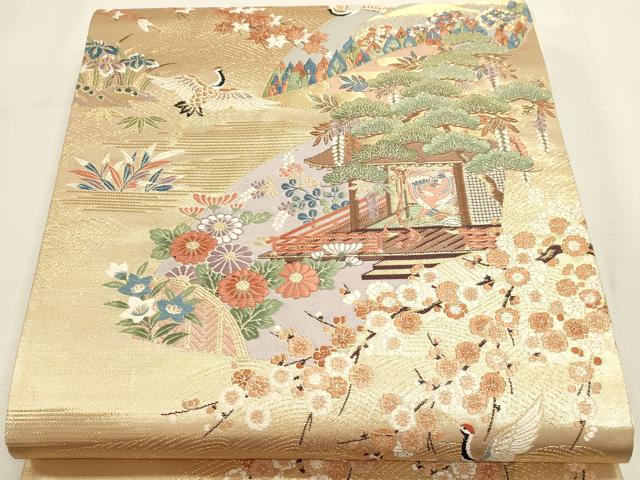 平和屋本店▼六通柄袋帯 松寿秀花文 本金糸 正絹 逸品 DABI4987sf