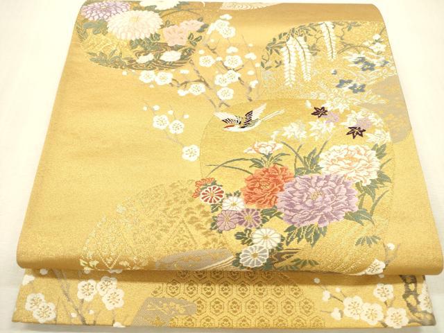 平和屋本店▼六通柄袋帯 花鳥風景文 深金箔 二拾四金二重箔 正絹 逸品 DABI5007op