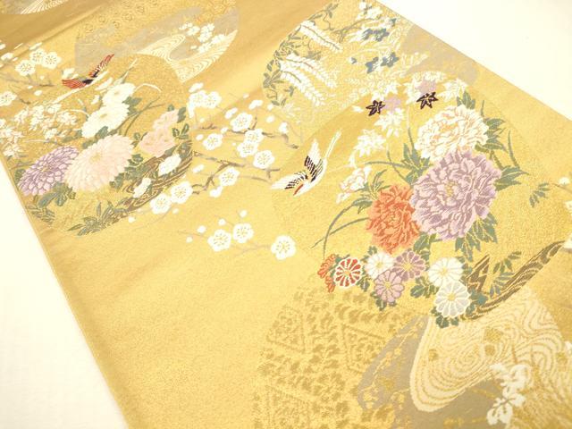 平和屋本店▼六通柄袋帯 花鳥風景文 深金箔 二拾四金二重箔 正絹 逸品 DABI5007op