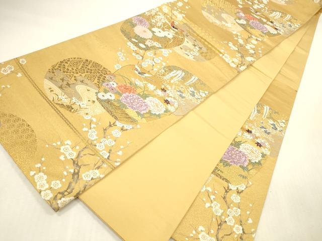 平和屋本店▼六通柄袋帯 花鳥風景文 深金箔 二拾四金二重箔 正絹 逸品 DABI5007op