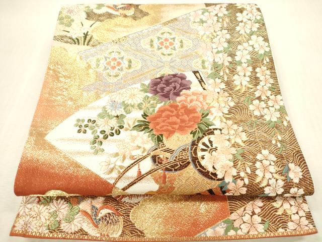 平和屋本店▼六通柄袋帯 唐織 献上扇面花鳥紋 純金箔 正絹 逸品 DABI5010op
