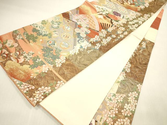 平和屋本店▼六通柄袋帯 唐織 献上扇面花鳥紋 純金箔 正絹 逸品 DABI5010op
