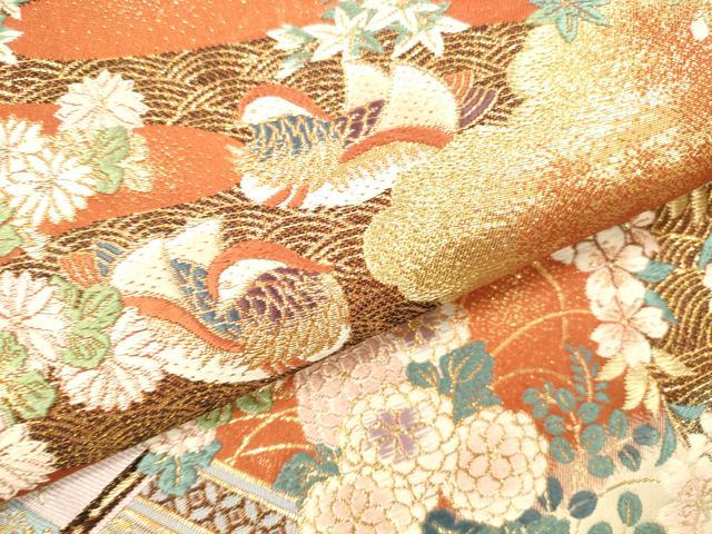 平和屋本店▼六通柄袋帯 唐織 献上扇面花鳥紋 純金箔 正絹 逸品 DABI5010op
