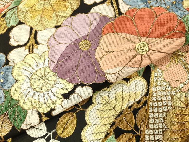 平和屋本店▼六通柄袋帯 草花松文 黒地 本金箔 正絹 逸品 DABI5034op