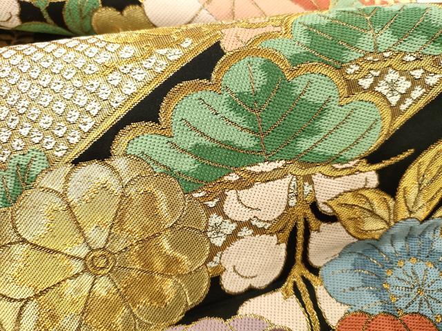 平和屋本店▼六通柄袋帯 草花松文 黒地 本金箔 正絹 逸品 DABI5034op