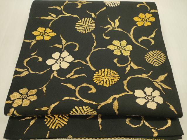平和屋本店▼太鼓柄袋帯 笹蔓文様 黒地 本金 正絹 逸品 DABI5038op