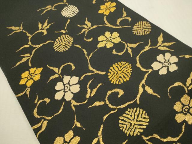 平和屋本店▼太鼓柄袋帯 笹蔓文様 黒地 本金 正絹 逸品 DABI5038op