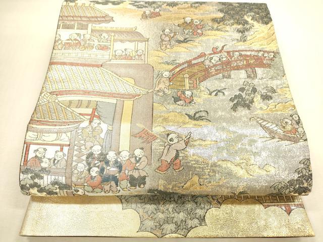 平和屋本店▼全通全景柄袋帯 渡橋人物風景文 プラチナ本金二重箔 正絹 逸品 DABI5061op