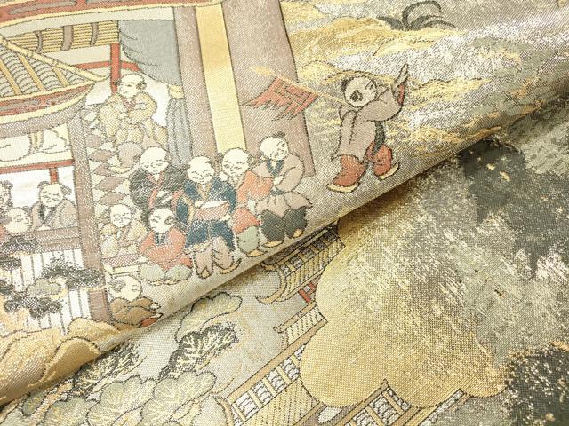 平和屋本店▼全通全景柄袋帯 渡橋人物風景文 プラチナ本金二重箔 正絹 逸品 DABI5061op