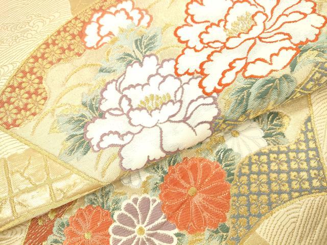 平和屋本店▼六通柄袋帯 地紙花文 牡丹 枝梅 本金箔 正絹 逸品 DABI5080op