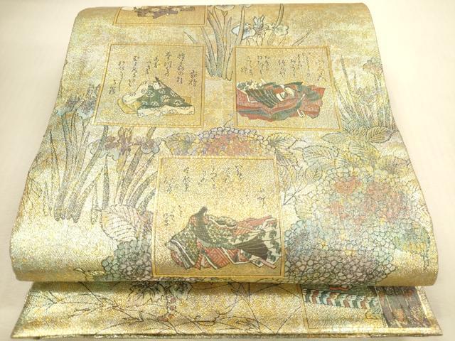 平和屋本店▼極上 西陣あさぎ 両面 全通全景柄袋帯 琳派三十六華扇 本金プラチナ二重箔 たとう紙・分析通知書付き 正絹 逸品 DABI5086op
