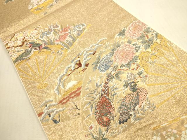 平和屋本店▼六通柄袋帯 唐織 九百錦 扇面花鳥屏風絵巻 本金箔 正絹 逸品 DABI5093op