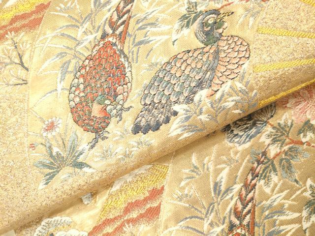 平和屋本店▼六通柄袋帯 唐織 九百錦 扇面花鳥屏風絵巻 本金箔 正絹 逸品 DABI5093op