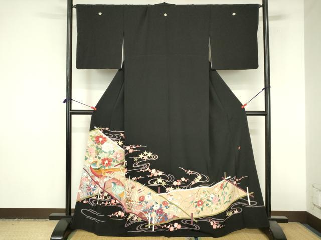平和屋着物●本加賀友禅作家 芦原敏成 黒留袖 尾長鳥花文 正絹 逸品 DABI5120op