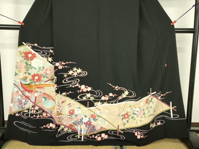 平和屋着物●本加賀友禅作家 芦原敏成 黒留袖 尾長鳥花文 正絹 逸品 DABI5120op