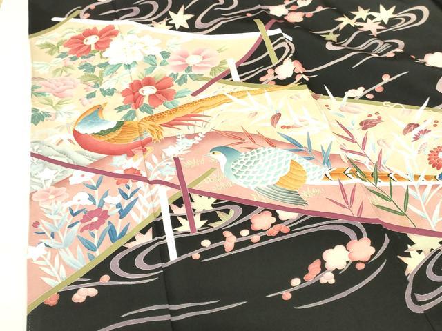 平和屋着物●本加賀友禅作家 芦原敏成 黒留袖 尾長鳥花文 正絹 逸品 DABI5120op