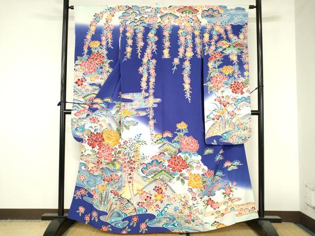 平和屋着物●豪華振袖 型染 流水花松文 牡丹 暈し染め 正絹 逸品 DABI5121op