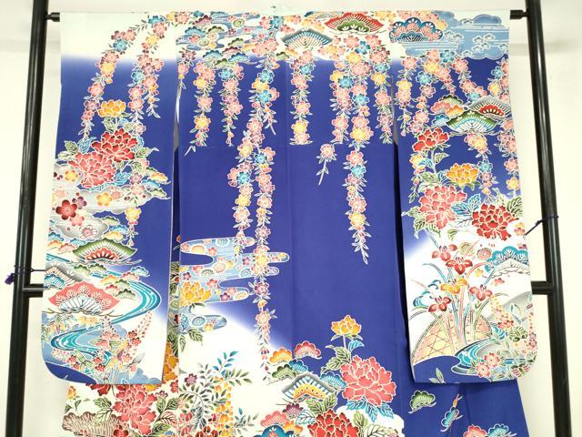 平和屋着物●豪華振袖 型染 流水花松文 牡丹 暈し染め 正絹 逸品 DABI5121op