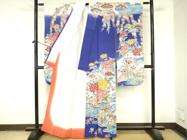 平和屋着物●豪華振袖 型染 流水花松文 牡丹 暈し染め 正絹 逸品 DABI5121op