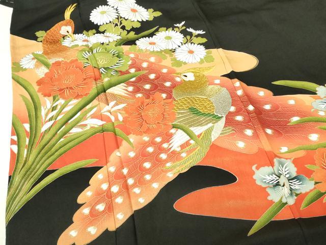 平和屋着物▼豪華黒留袖 刺繍 孔雀花文 金彩 正絹 逸品 DABI5153op