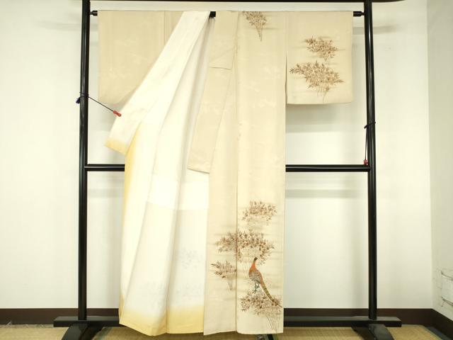 平和屋着物▼訪問着 手描き 尾長鳥 草葉文 暈し染め 正絹 逸品 DABI5160op