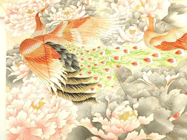 平和屋着物▼豪華振袖 駒刺繍 孔雀花文 暈し染め 金彩 正絹 逸品 DABI5161op