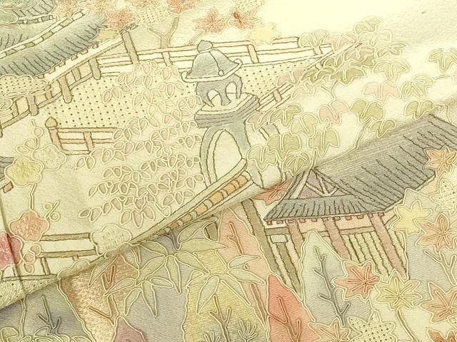 平和屋着物▼中国三大刺繍 スワトウ刺繍 汕頭刺繍 総刺繍 訪問着 風景花文 暈し染め 正絹 逸品 DABI5162op