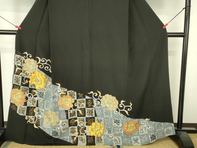 平和屋着物●豪華黒留袖 駒刺繍 吉祥牡丹唐草文 金彩 正絹 逸品 DABI5166op